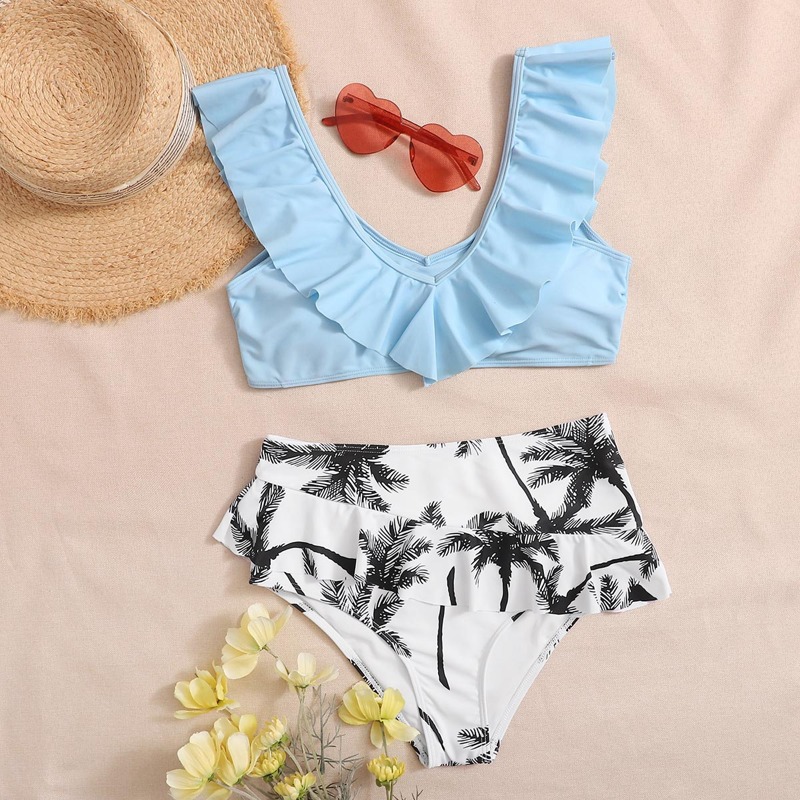 

Palm Print Ruffle Bikini Swimsuit, Multicolor