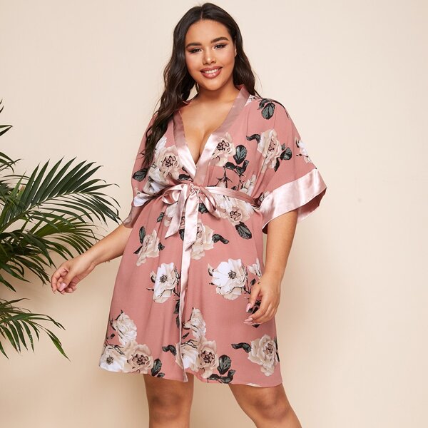 

Plus Floral Contrast Binding Belted Robe, Pink