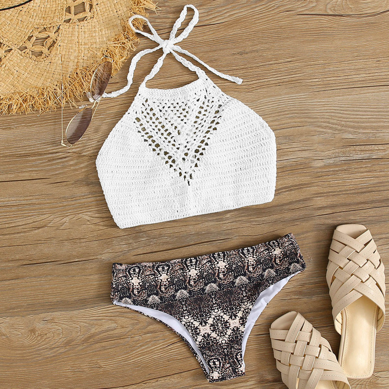 

Snakeskin Crochet Halter Bikini Swimsuit, Multicolor