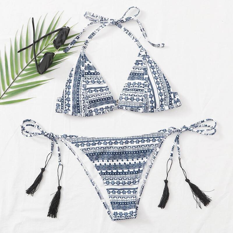 

Tribal Triangle Tassel Tie Side Bikini Swimsuit, Multicolor