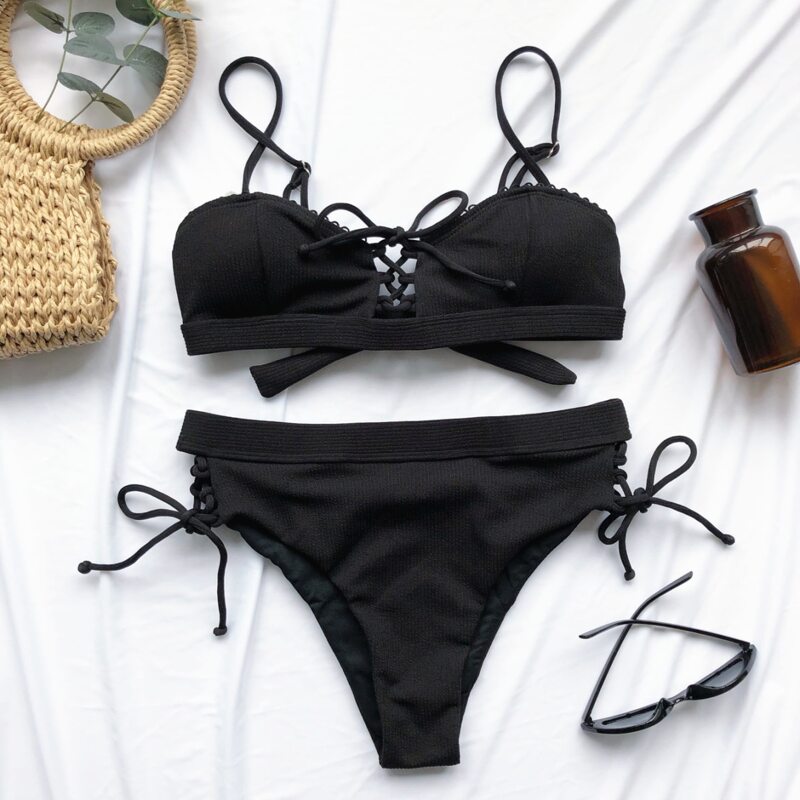 

Rib Lace-up Tie Side Bikini Swimsuit, Black