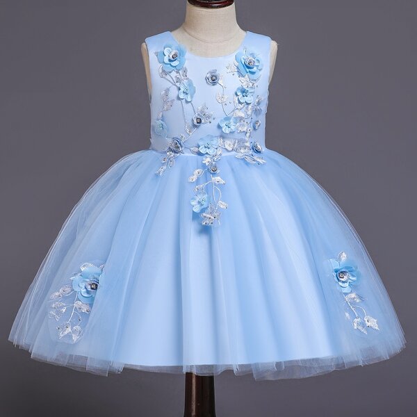 

Girls Flower Applique Tie Back Tulle Party Dress, Blue