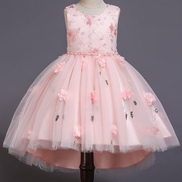 

Girls Flower Applique Embroidered Tie Back Tulle Party Dress, Pink