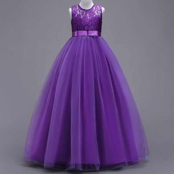 

Girls Lace Panel Knot Back Gown Dress, Purple