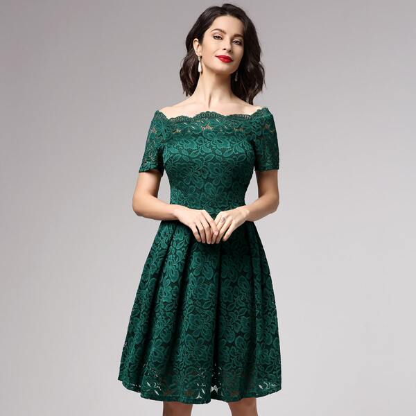 

Off Shoulder Floral Lace Overlay Dress, Green