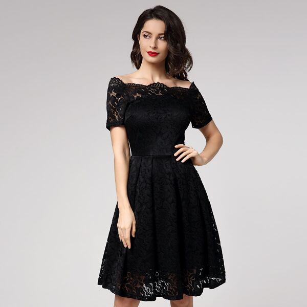 

Off Shoulder Floral Lace Overlay Dress, Black