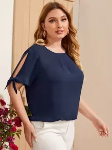 SHEIN Clasi Top unicolor de manga con abertura de puño con nudo - grande - Azul Marino - Ver 1