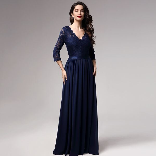 

Floral Lace Bodice Ribbon Waist Prom Dress, Navy blue