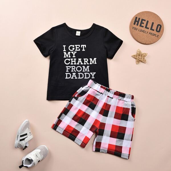 

Toddler Boys Slogan Graphic Tee With Plaid Shorts, Multicolor