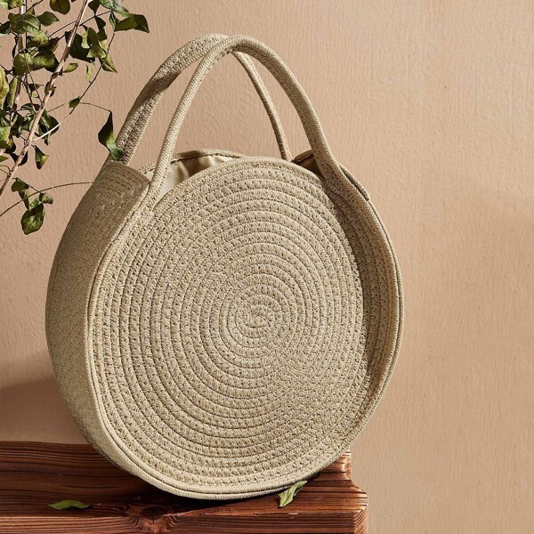 

Round Woven Satchel Bag, Khaki
