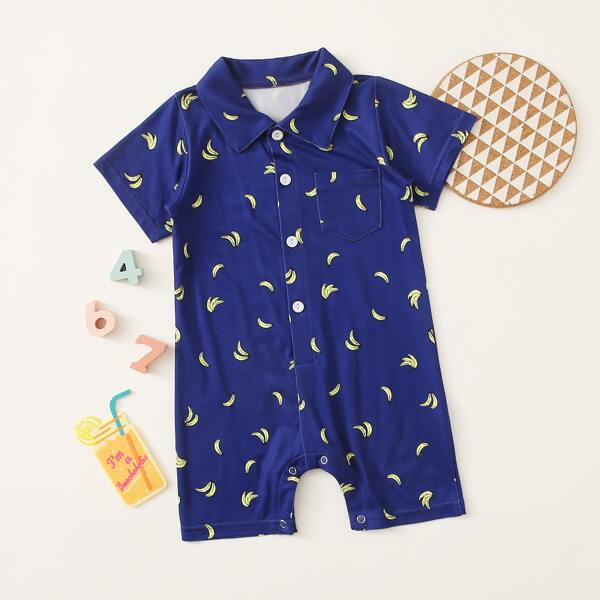 

Baby Boy Banana Print Popper Romper, Navy blue