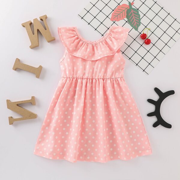 

Baby Girl Ruffle Trim Polka Dot A-line Dress, Pink