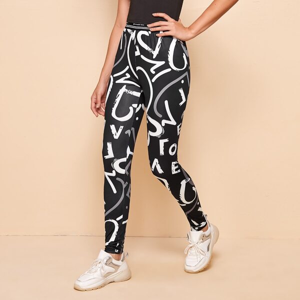 

Allover Letter Graphic Tape Waist Leggings, Black and white