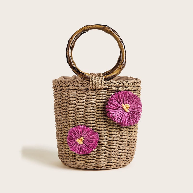 

Floral Appliques Decor Woven Bucket Bag, Khaki