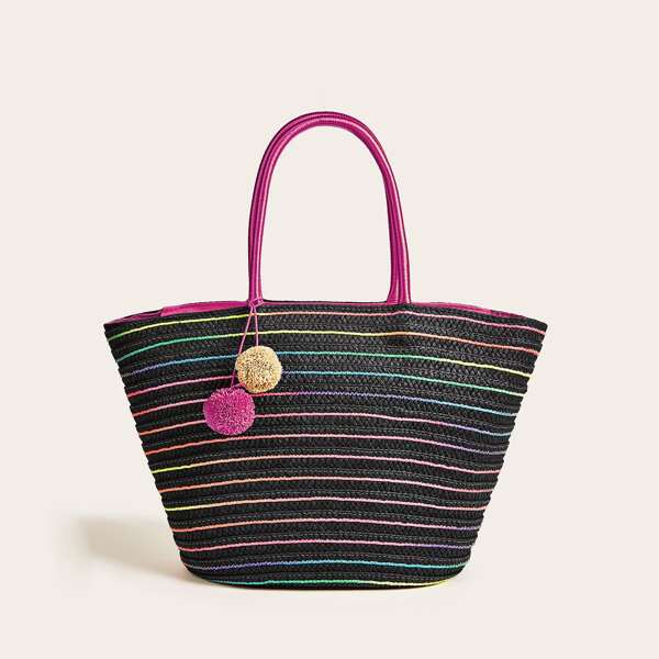 

Pom Pom Decor Striped Woven Tote Bag, Black