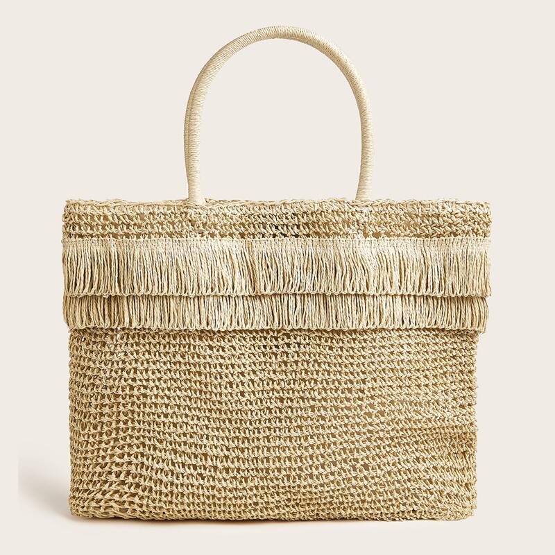 

Fringe Trim Crochet Tote Bag, Khaki
