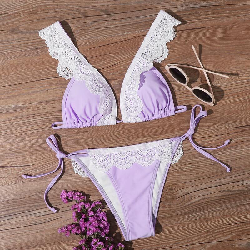 

Lace Trim Triangle Tie Side Bikini Swimsuit, Purple