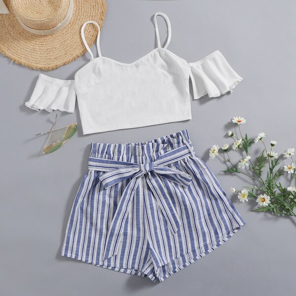 

Cold Shoulder Rib-knit Top and Paperbag Waist Shorts Set, Multicolor