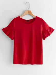 SHEIN LUNE 荷葉邊袖素色上衣 - 紅色 - 查看 1