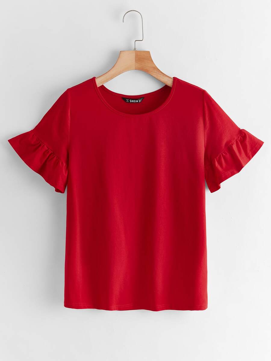 SHEIN LUNE 荷葉邊袖素色上衣 - 紅色 - 查看 1