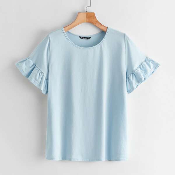

Ruffle Cuff Solid Top, Blue pastel