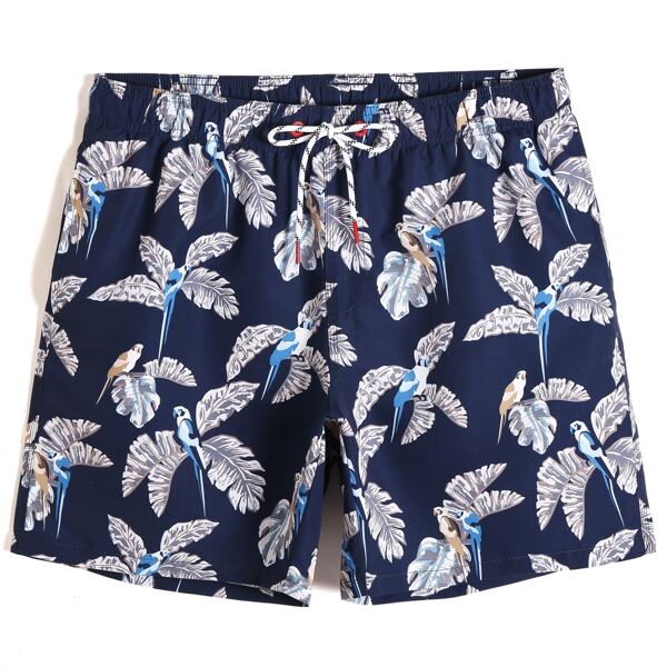

Men Tropical Print Swim Trunks, Navy blue