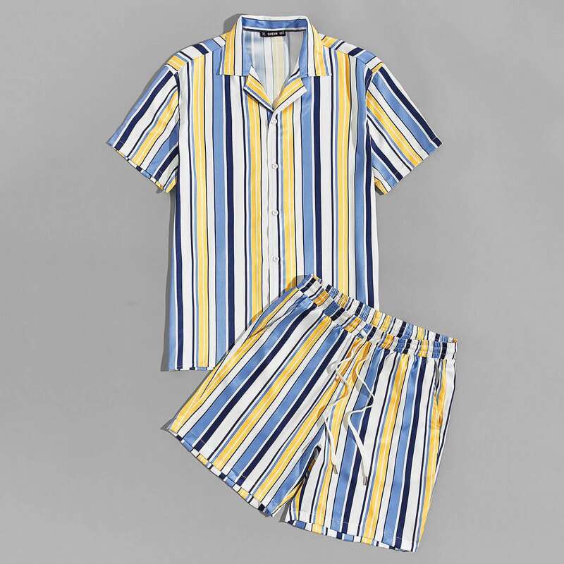 

Guys Notch Collar Striped Colorblock Shirt & Shorts Set, Multicolor