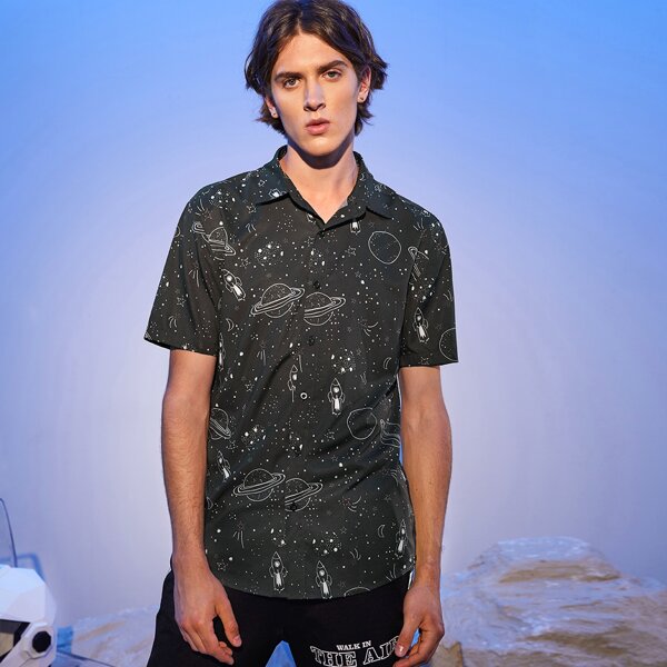 

Men Galaxy Print Shirt, Black