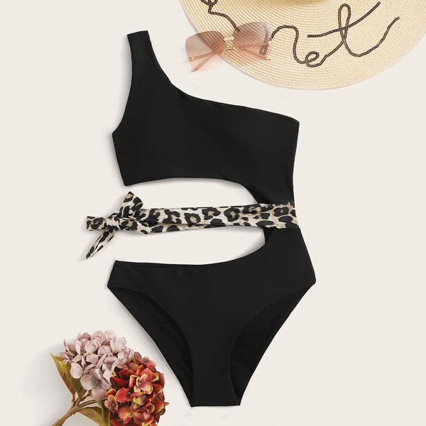 

Leopard Cut-out One Shoulder One Piece Swimsuit, Black