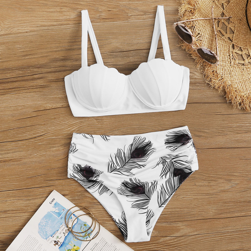 

Feather Print Shell Shaped Underwire High Waisted Swimsuit, Black and white