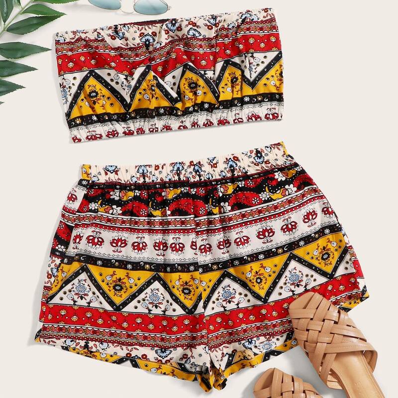 

Aztec Print Crop Bandeau Top & Shorts, Multicolor