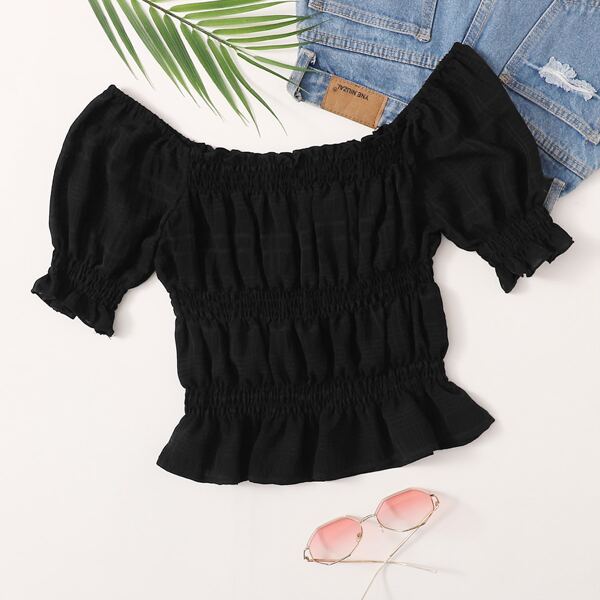 

Frill Trim Puff Sleeve Shirred Detail Top, Black