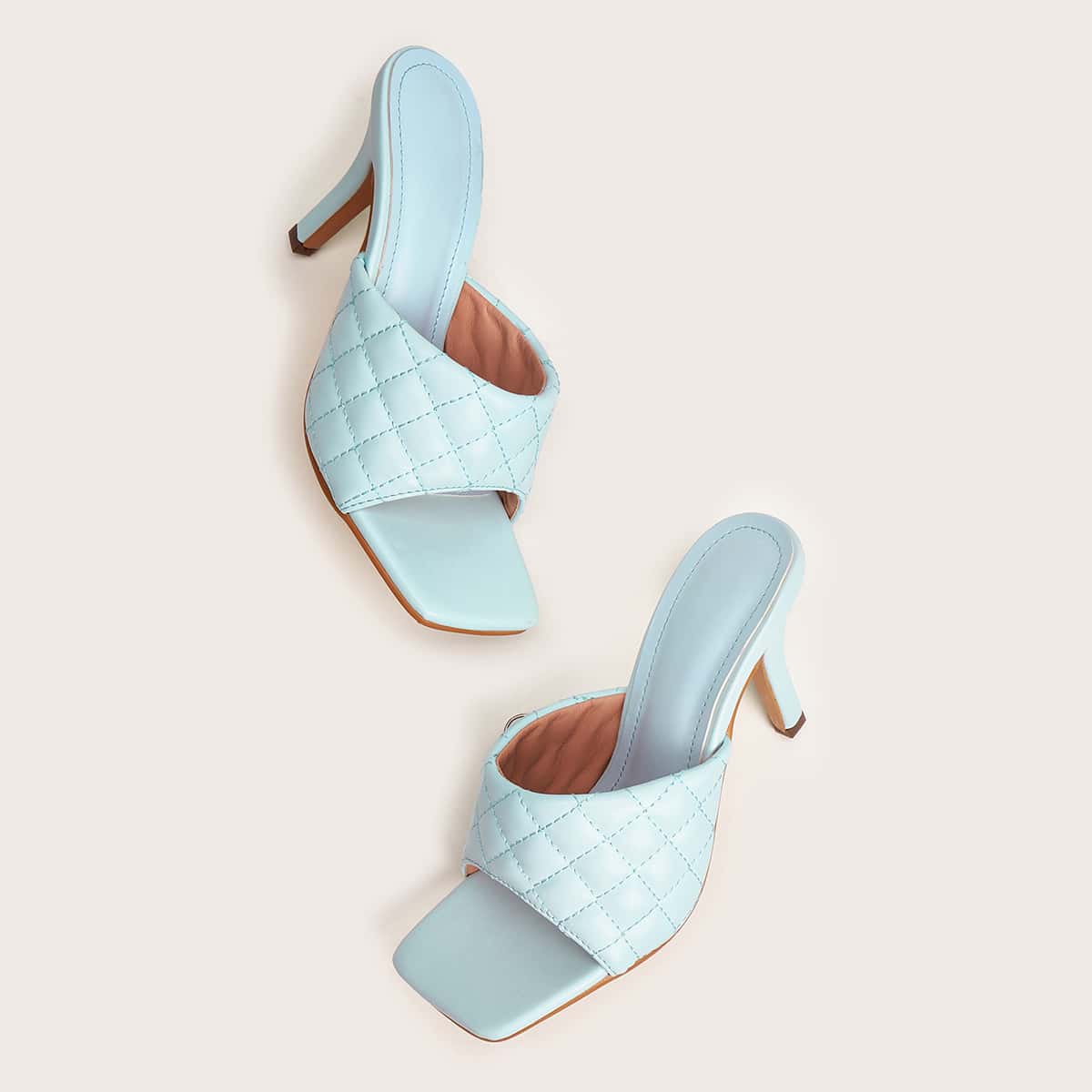 

Open Toe Quilted Stiletto Heeled Mules, Blue
