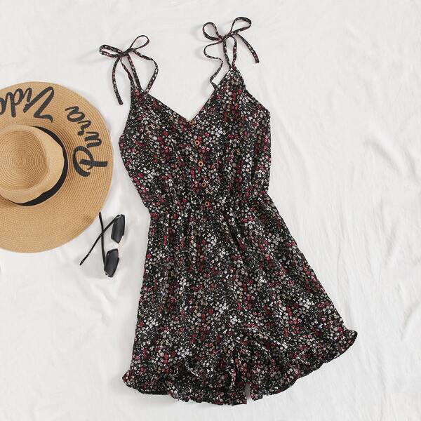 

Knot Shoulder Ruffle Hem Ditsy Floral Romper, Multicolor