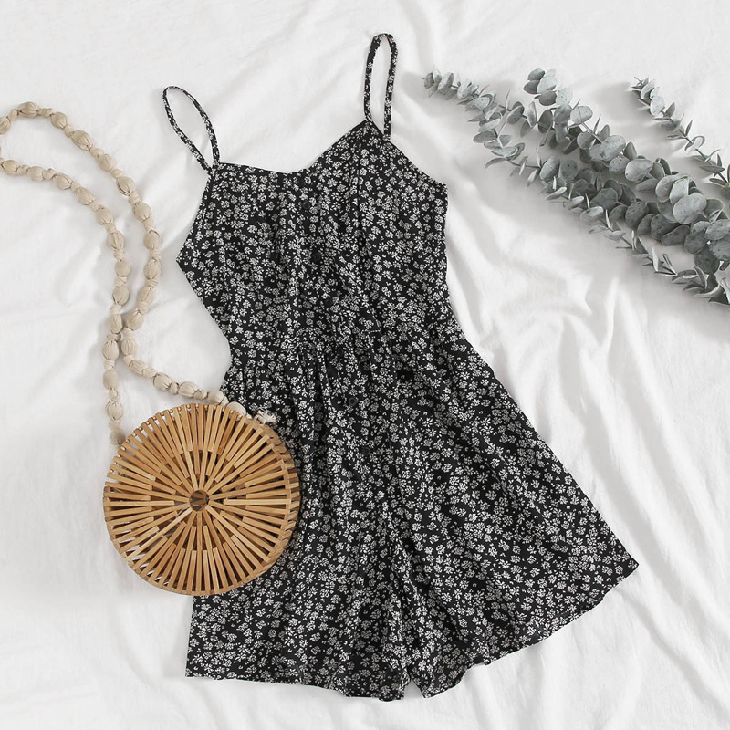

Button Front Wide Leg Cami Romper, Black