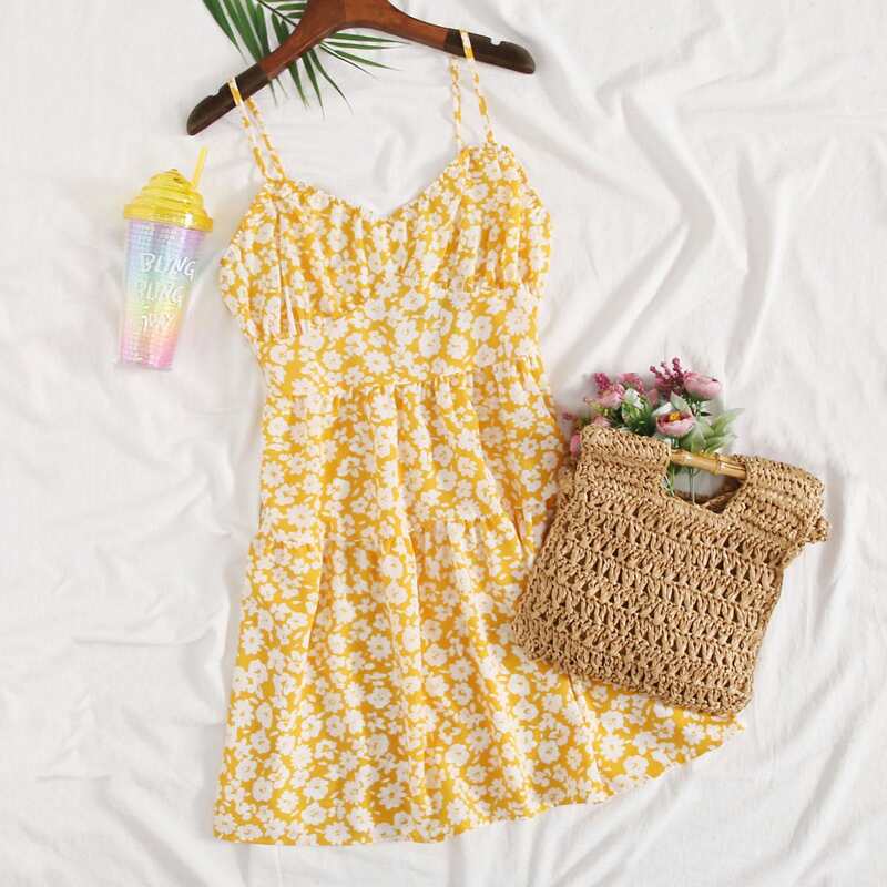 

All Over Floral Print Cami Dress, Yellow