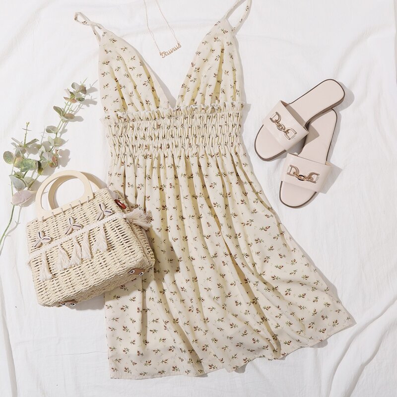 

Frill Trim Shirred Waist Ditsy Floral Bralette Dress, Beige
