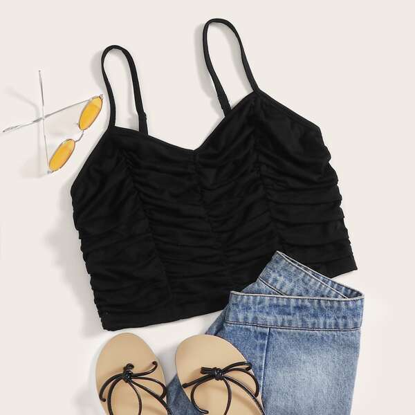 

Ruched Solid Crop Cami Top, Black