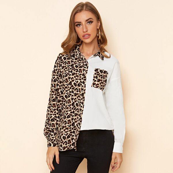 

Pocket Patch Color Block Leopard Blouse, Multicolor