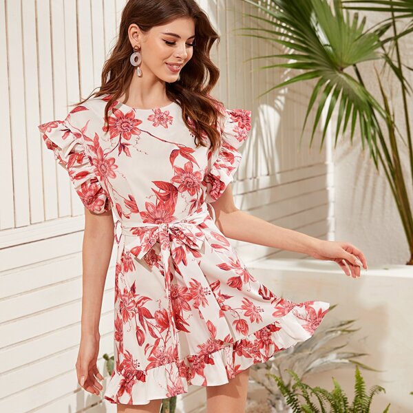 

Ruffle Trim Keyhole Back Belted Dress, Multicolor