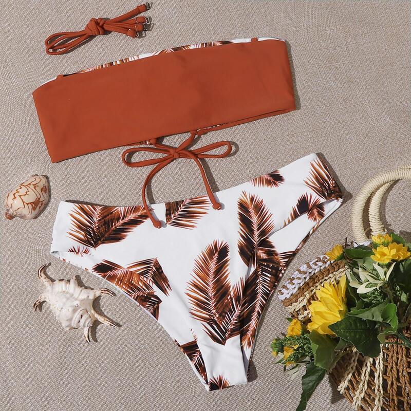 

Palm Print Lace-up Bandeau Bikini Swimsuit, Red
