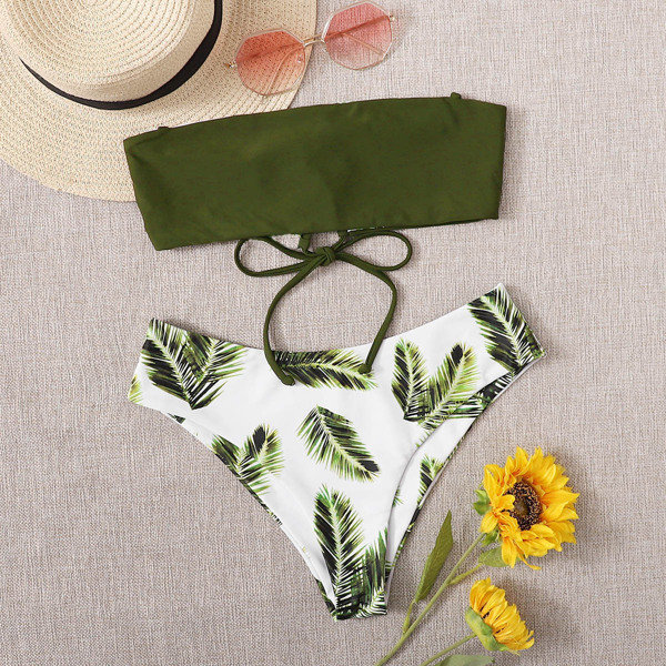

Palm Print Lace-up Bandeau Bikini Swimsuit, Green