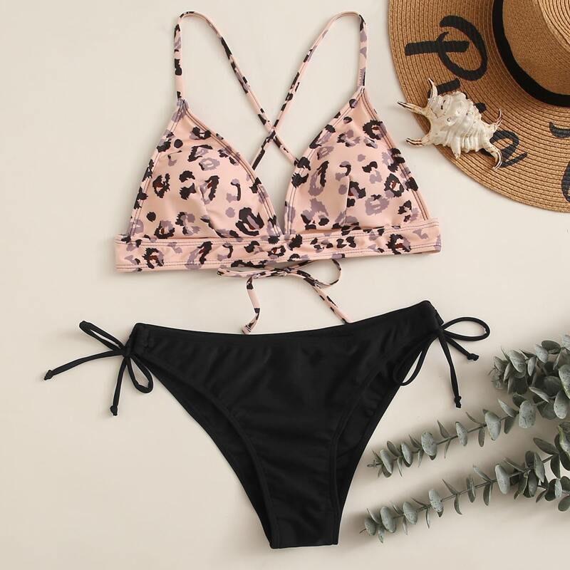 

Leopard Triangle Tie Side Bikini Swimsuit, Multicolor