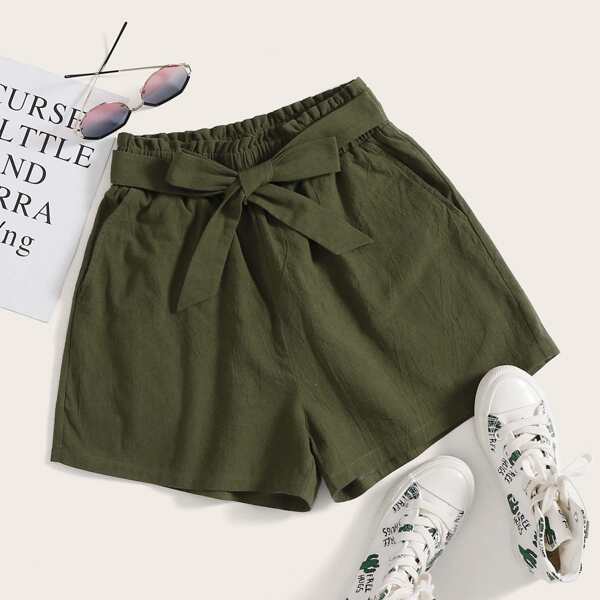 

Paper Bag Waist Wide Leg Belted Shorts, Army green