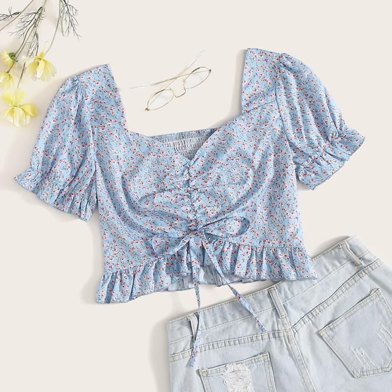 

Chiffon Ditsy Floral Ruched Crop Top, Blue