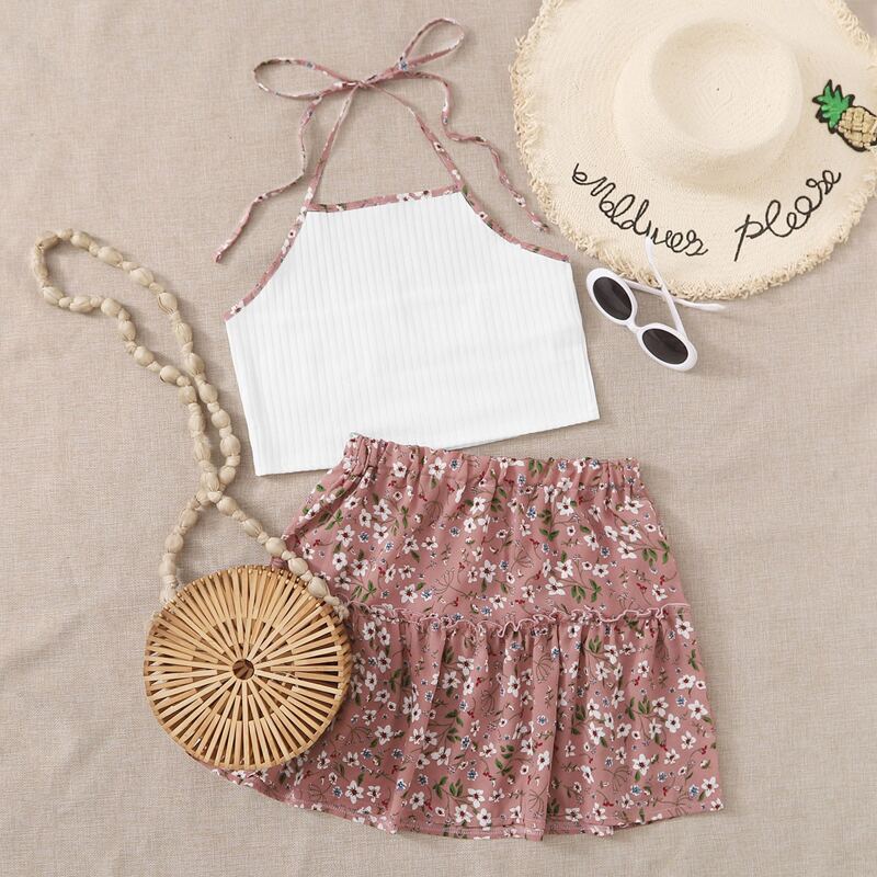 

Crop Halter Top & Floral Skirt, Pink