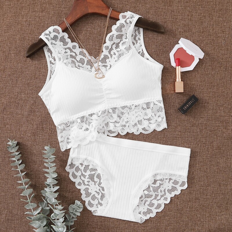 

Ribbed Floral Lace Lingerie Set, White