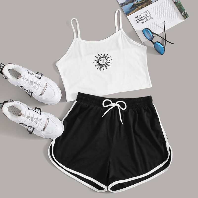 

Sun Graphic Cami & Dolphin Shorts, Black and white