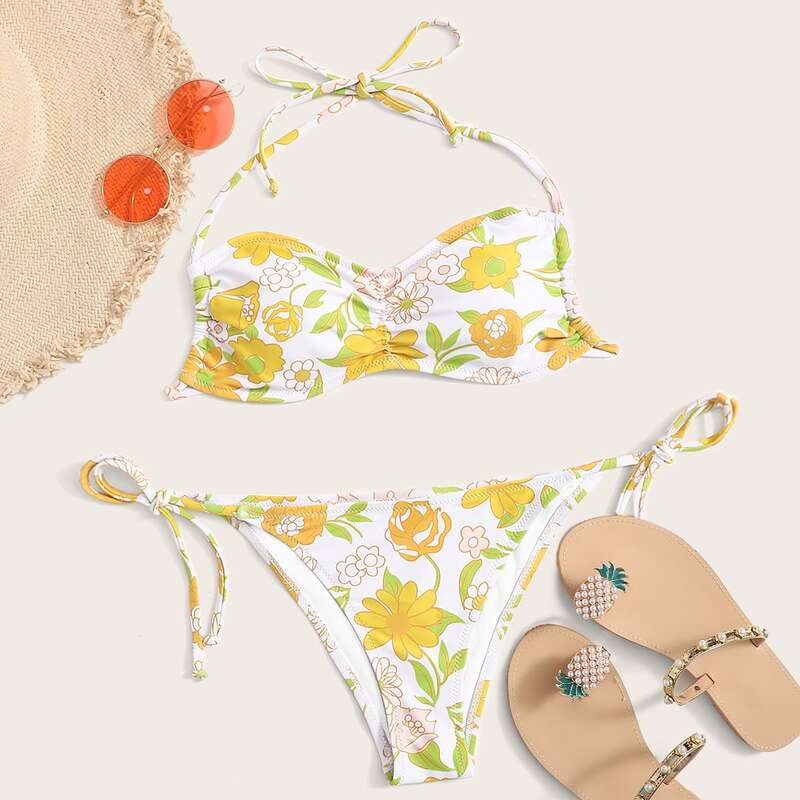 

Floral Halter Tie Side Bikini Swimsuit, Multicolor