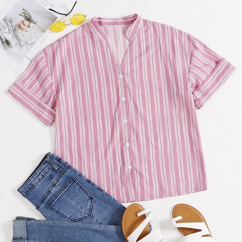 

Striped Print Roll Up Sleeve Blouse, Pink